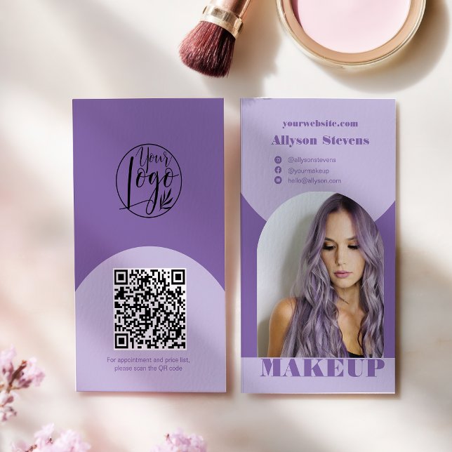 Modern bågmakeup lila foto qr-kod logotyp visitkort (Modern arch makeup purple photo qr code logo business card)