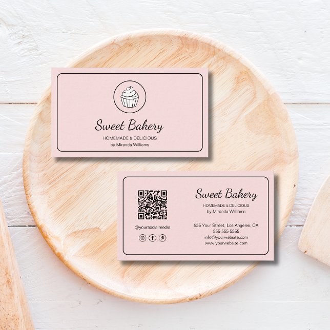 Modern Bakery Logo QR Code Pink Visitkort (Modern Bakery Logo QR Code Pink Business Card)