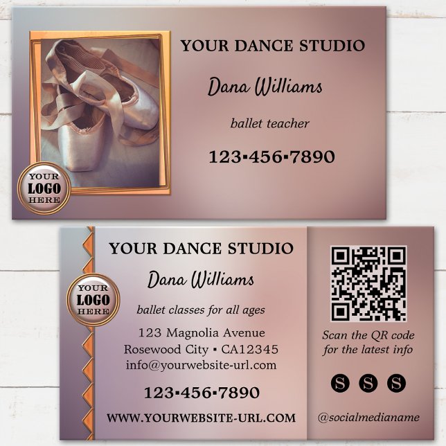 Modern Ballettdansstudio Visitkort (Ballet dance business card featuring pointe shoes on an artistic design - with logo, QR code, media)