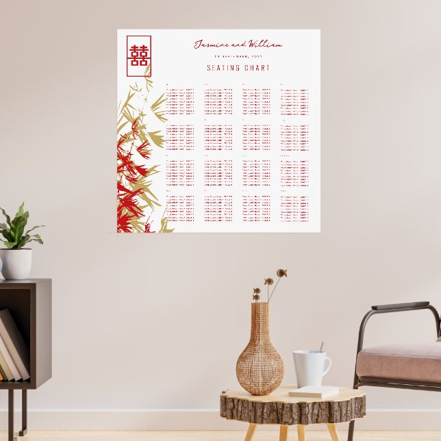 Modern Bamboo Lämnar kinesiska Bröllop-sätesdiagra Poster (Vardagsrum 3)