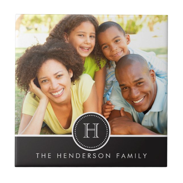Modern banderoll med monogramfamiljens foto-panel kakelplatta (Framsidan)