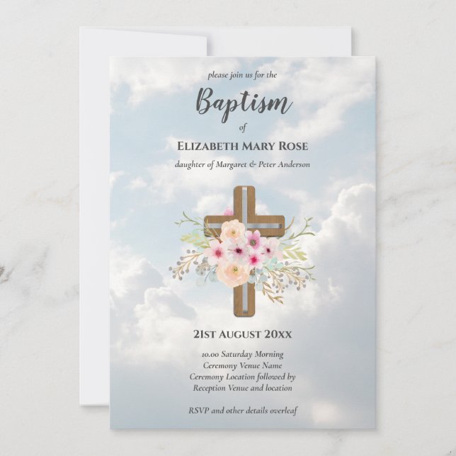 Modern BAPTISM Christening Bautizo INBJUDAN BLOMMI (Framsida)