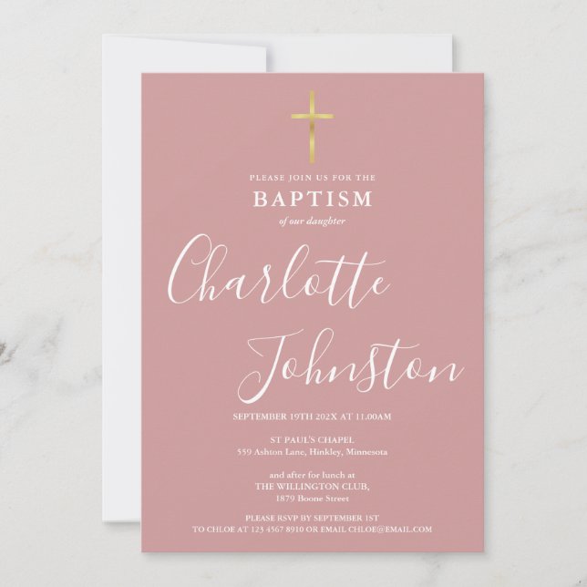 Modern Baptism Christening Dusty Rose Pink Inbjudningar (Framsida)