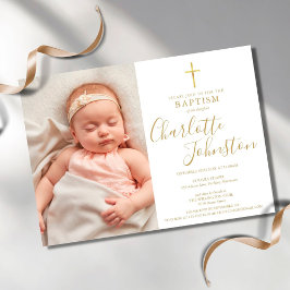 Modern baptism Christening Golden Script Photo Inbjudningar
