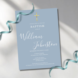 Modern baptism Christening Guld Kor Dusty Blue Inbjudningar