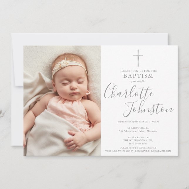Modern baptism Christening Silver Script Photo Inbjudningar (Framsida)