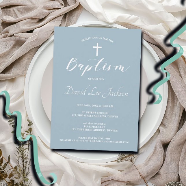 Modern baptism Christening White Kor Dusty Blue Inbjudningar (Skapare uppladdad)