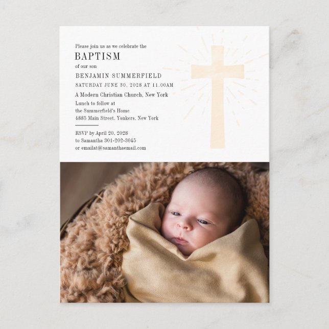 Modern baptism Church event med Baby Photo Inbjudan Vykort (Framsida)