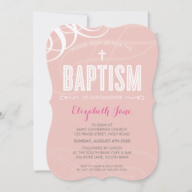 MODERN BAPTISM-elegantens utformning av vit rosa v Inbjudningar (Framsida)