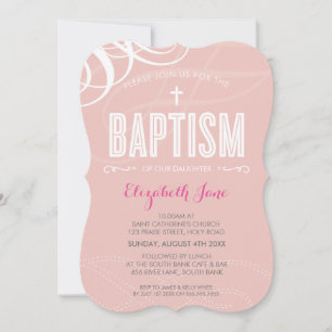 MODERN BAPTISM-elegantens utformning av vit rosa v Inbjudningar