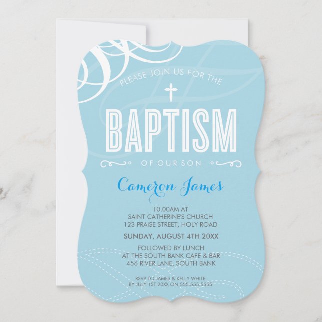 MODERN BAPTISM-elegantens utformning vit snurrblåt Inbjudningar (Framsida)