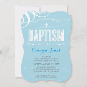 MODERN BAPTISM-elegantens utformning vit snurrblåt Inbjudningar