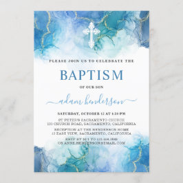 Modern Baptism i blå vattenfärgspojke Inbjudningar