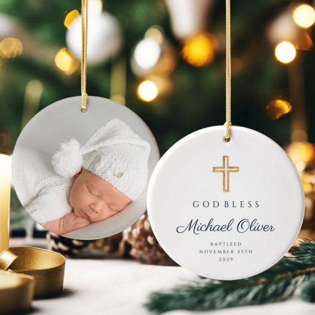 Modern Baptism i Välsigna dig Religiösa Kor Julgransprydnad Keramik (Modern God Bless Religious Cross Baptism Ceramic Ornament)