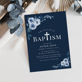 Modern baptism-inbjudan med blå blommigt inbjudningar