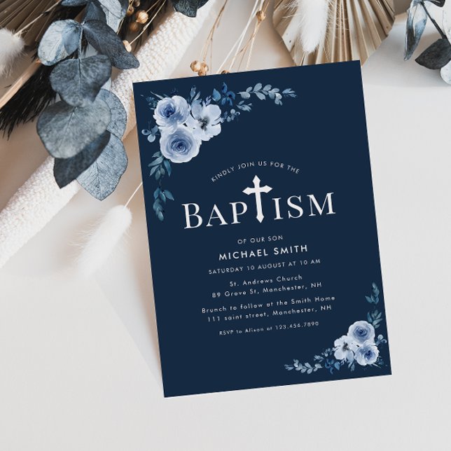 Modern baptism-inbjudan med blå blommigt inbjudningar (Skapare uppladdad)