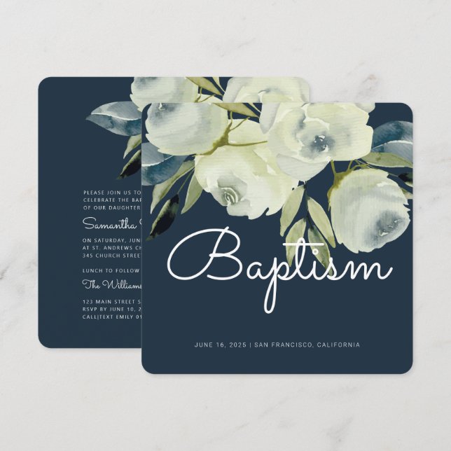 Modern Baptism-inbjudan om Blommigt med vattenfärg Inbjudningar (Fram/baksida)