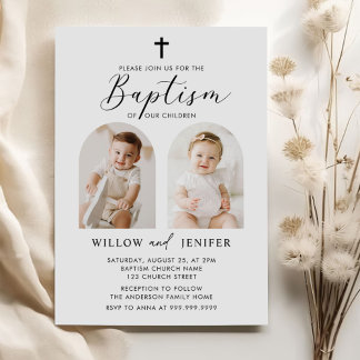 Modern baptism Twillingar Boy and Girl Photo Inbjudningar
