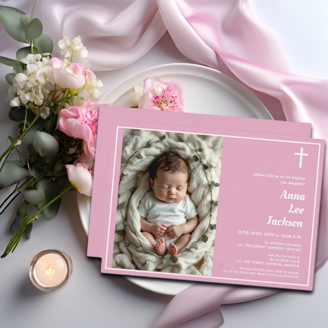 Modern baptism White Kor Dusty Rosa Photo Inbjudningar (Skapare uppladdad)