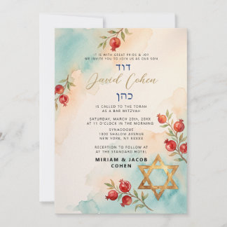 Modern Bar/Bat Mitzvah akvarell guld blå hebreiska Inbjudningar