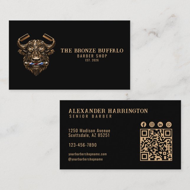 Modern Barber Bronze Buffalo Barber Shop Qr Kod Visitkort (Fram/baksida)