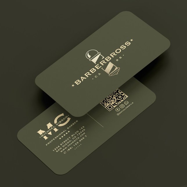 Modern Barber Pole Army Grönt Guld Barbershop Visitkort (Modern Barber Pole Army Green Gold Barbershop Business Card
)