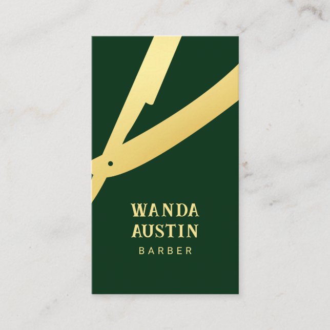 Modern Barber Rakhyvel Mörkgrön Guld Qr Kod  Visitkort (Framsida)