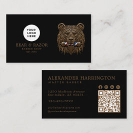 Modern Barber Shop Bronze Bear Logotyp Qr-kod Visitkort