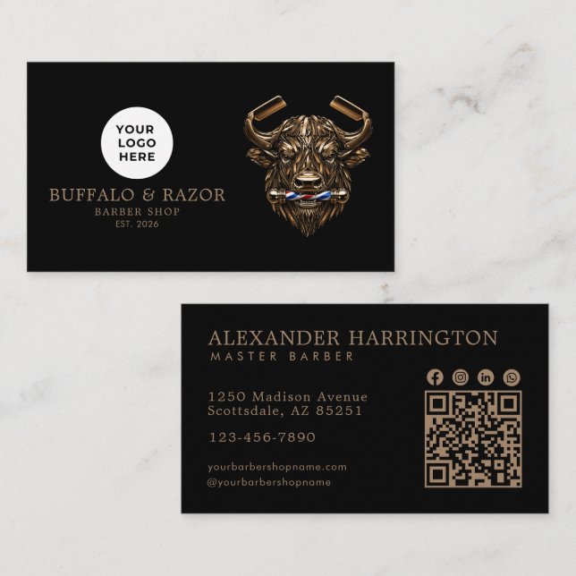 Modern Barber Shop Bronze Buffalo Logo Qr-kod Visitkort (Fram/baksida)