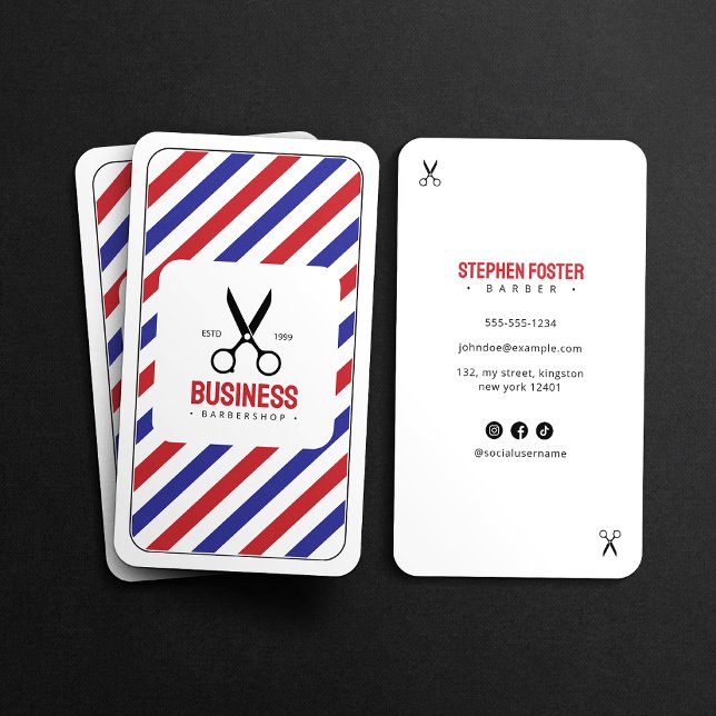 Modern Barber Shop Frisörsalong Vit Blå Röd Visitkort (Skapare uppladdad)