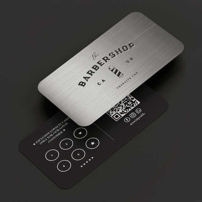 Modern Barber Silver Black Barbershop Loyalty Visitkort (Modern Barber Silver Black Barbershop Loyalty Business Card
)