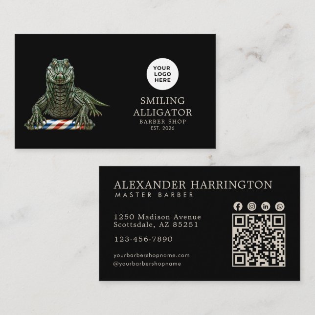 Modern Barberare Emerald Alligator Logotyp Qr Kod Visitkort (Fram/baksida)