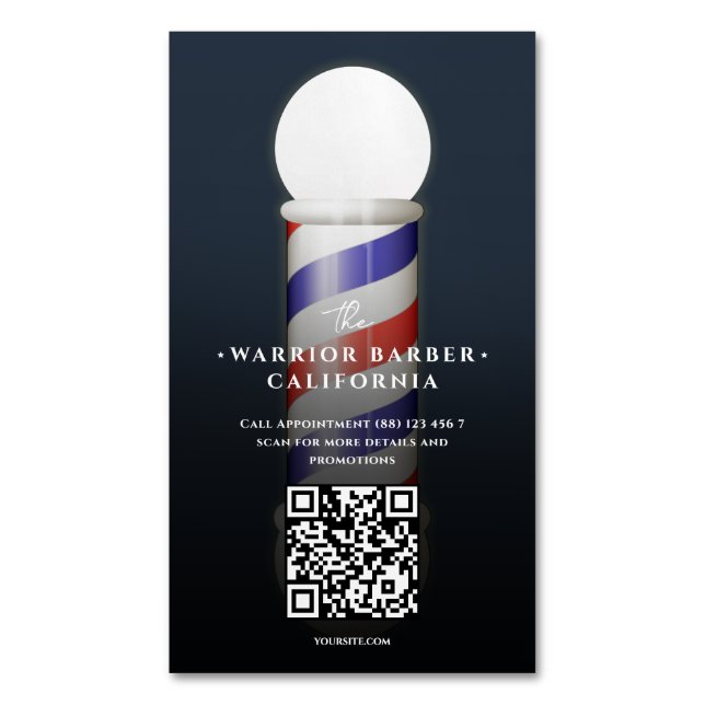Modern Barbers Pole Barbershop Barber QR Magnetiska Visitkort (Framsida vertikal)