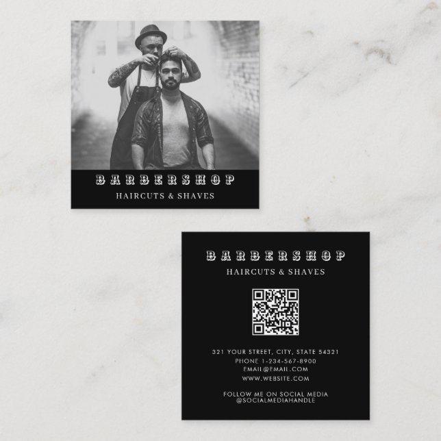 Modern Barbershop Barber Fullt Photo QR-kod Fyrkantigt Visitkort (Fram/baksida)