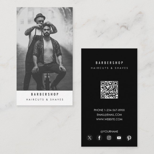 Modern Barbershop Barber Photo QR-kod Visitkort (Fram/baksida)