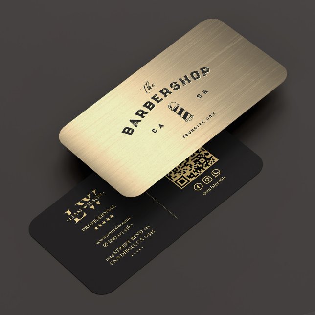 Modern Barbershop Barber Pole Elegant Black Guld Visitkort (Modern Barbershop Barber Pole Elegant Black Gold Business Card
)