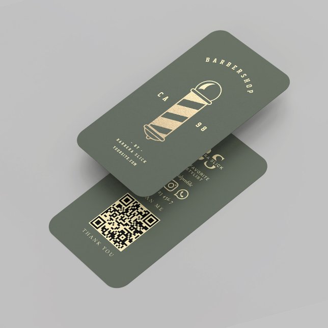 Modern Barbershop Guld Barbers Pole Sage Grönt Visitkort (Modern Barbershop Gold Barber's Pole Sage Green Business Card
)