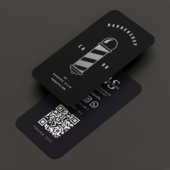 Modern Barbershop Haircut Black Silver Barber Pole Visitkort (Modern Barbershop Haircut Black Silver Barber Pole Business Card
)
