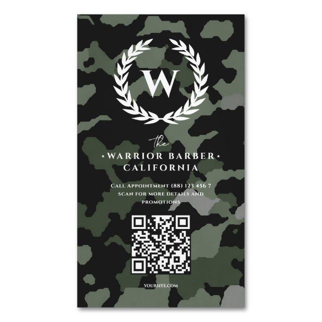 Modern Barbershop Monogram Camouflage Barber Magnetiska Visitkort (Framsida vertikal)