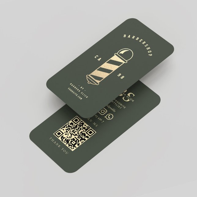 Modern Barbershop Moss Grönt Guld Barber Pole Visitkort (Modern Barbershop Dark Green Gold Barber Pole Business Card
)