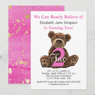 Modern Barn 2:a födelsedag Bear Cute Rosa 2:a föde Inbjudningar