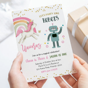 Modern Barn Robots och Unicorn Syskon födelsedag Inbjudningar