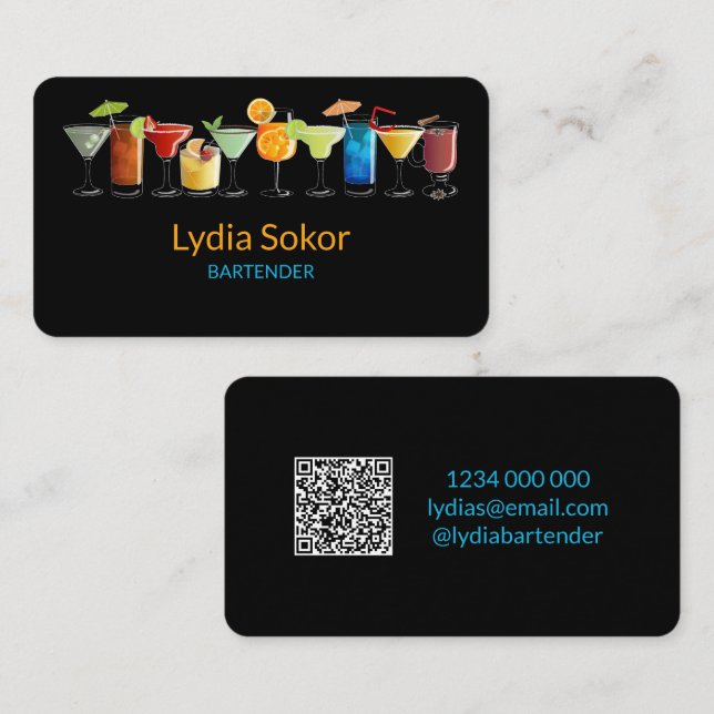 Modern Bartender Svart QR Kontaktkort Visitkort (Fram/baksida)