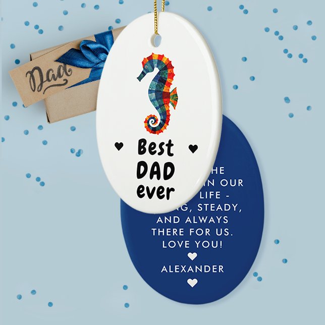 Modern Bästa Pappa någonsin, blå sjöhäst Fars dag Julgransprydnad Keramik (Skapare uppladdad)