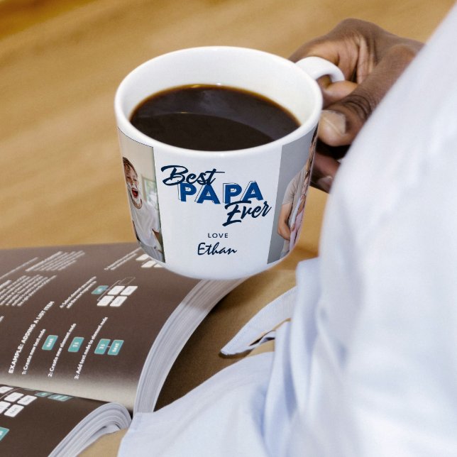 Modern Bästa Pappa någonsin Foto Fars dag Kaffemugg (Easily personalize this Best Papa Ever  2 photo mug with your photos and name, for a unique gift)