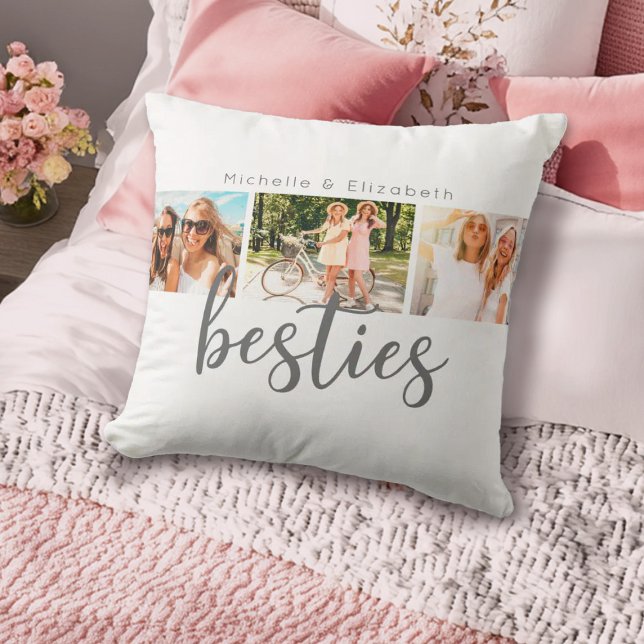Modern Bästa vänner Besties Photo Collage Kudde (A simple cute 3 photo besties, best friend pillow. Personalize it with your favorite photos.)