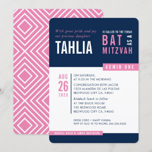 MODERN BAT MITZVAH fet block marin rosa vit Inbjudningar