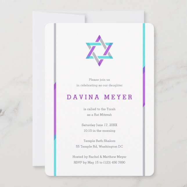 Modern Bat mitzvah inbjudan | Lila + Uppgift (Framsida)