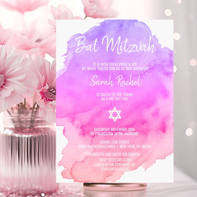 Modern BAT MITZVAH inbjudan till Rosa Star med vat (Modern Watercolor Pink Star BAT MITZVAH Invitation)