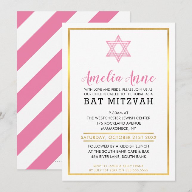 MODERN BAT MITZVAH juönskstjärna för rosa vid INBJ Inbjudningar (Fram/baksida)